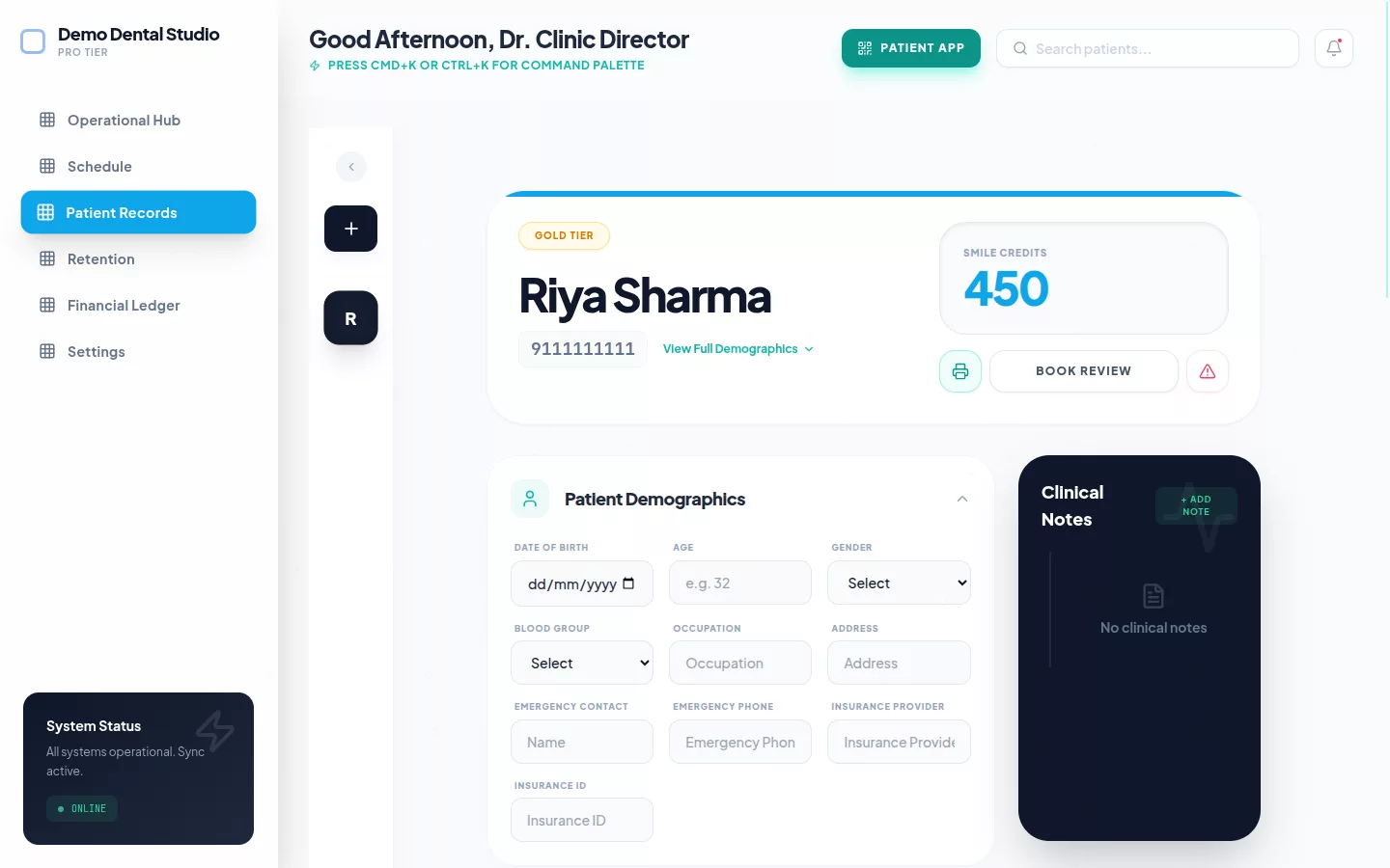 Patient record with contact details and booking controls