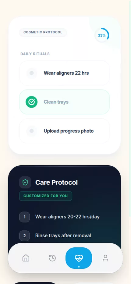 Patient aftercare checklist in the clinic's branded app, with daily rituals and progress