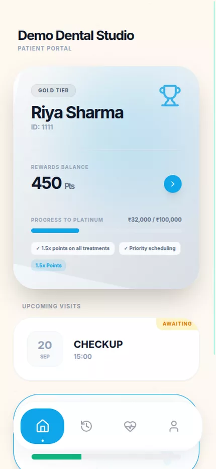 Clinic-branded patient app wallet with membership tier and points