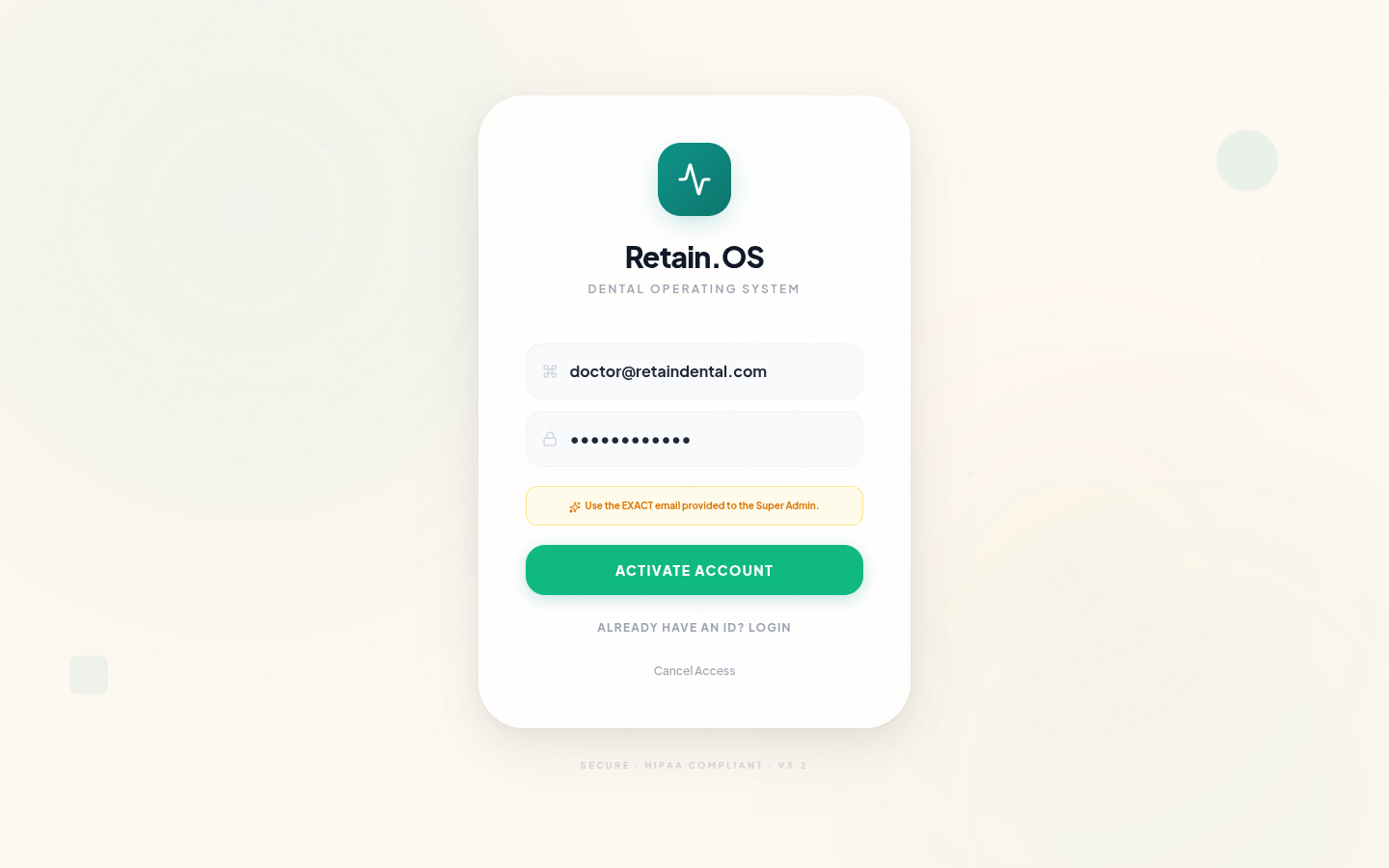 Account activation screen for new clinic users
