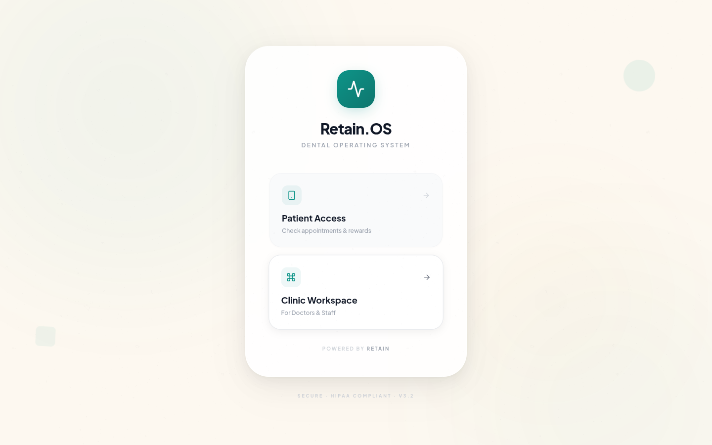 RetainOS platform login screen showing Patient Access and Clinic Workspace